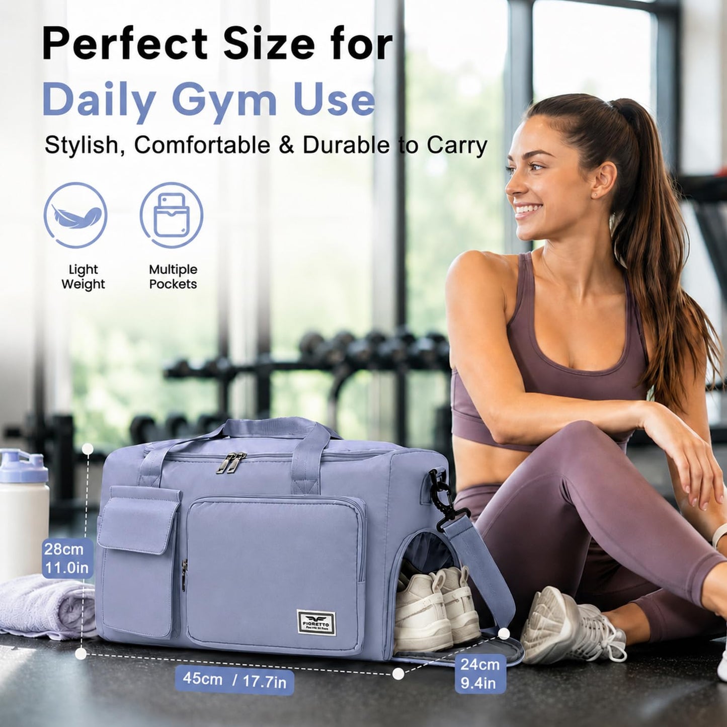 FIORETTO Women's Gym Duffle Bag with Shoes Compartment, 30L Capacity, Ideal for Travel, Gym, Sports, Duffel, Weekender, Blue
