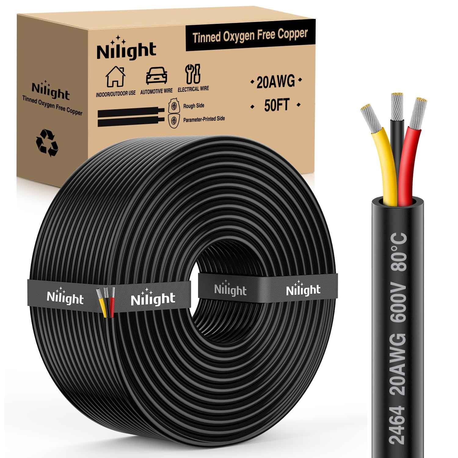 Nilight 50FT 20 Gauge 3 Conductor Electrical Wire Tinned Oxygen Free Copper Red Black Yellow 3 Wires Parallel 600V DC Flexible PVC Case Extension Cords for LED Strips Lamps Lighting