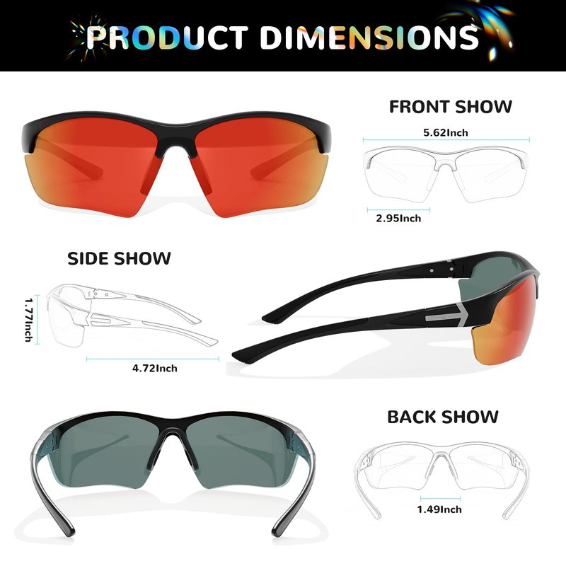 B.N.U.S Sports Sunglasses polarized UV Protection - Premium Lenses for Cycling, Running, Baseball, Rowing, Outdoor Adventures! (Black/Ruby Polarized, PC Lenses)