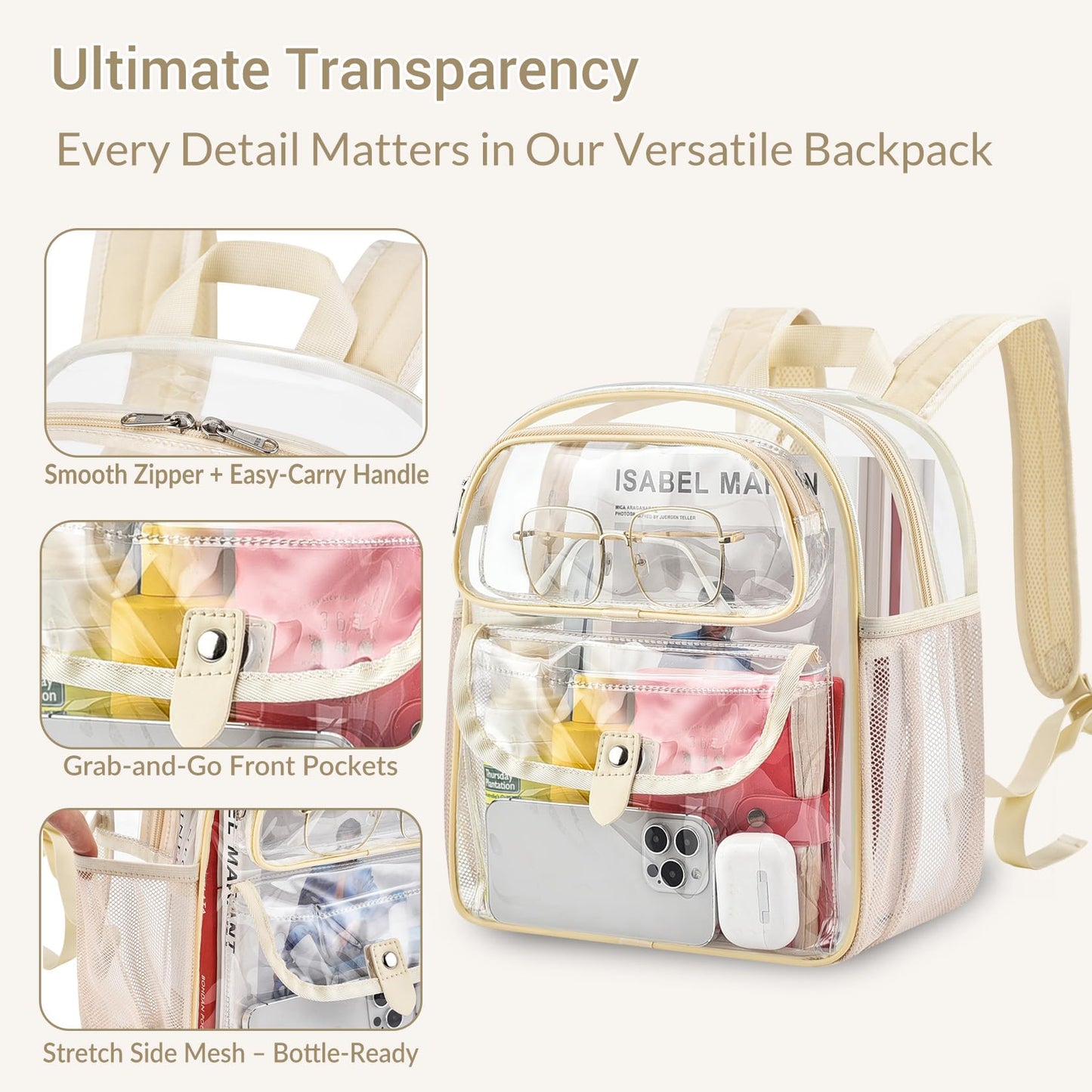 SPODEARS Sports Fan Small Clear Backpack for Stadium, Concert, Festival & More - Multi-Pocket Design, Reinforced & Wider Shoulder Straps, Beige