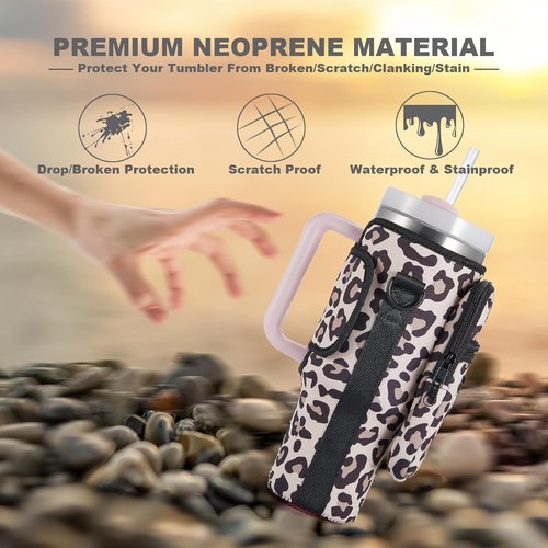 BULKITEM Water Bottle Carrier Bag - Insulated Neoprene Holder with Phone Pocket for Stanley 40 & 30 oz Tumbler - Pink