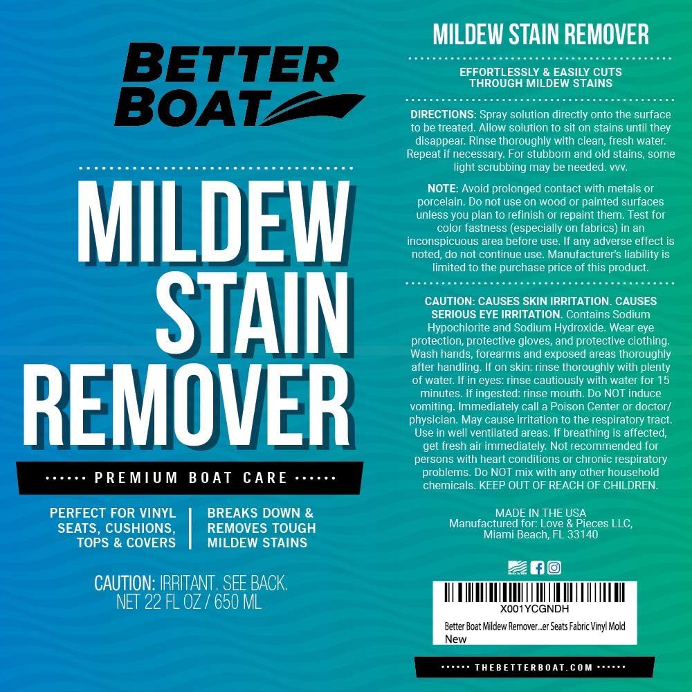 Better Boat Mold and Mildew Stain Remover - 22oz Spray for Fabric, Vinyl, Tile & Grout
