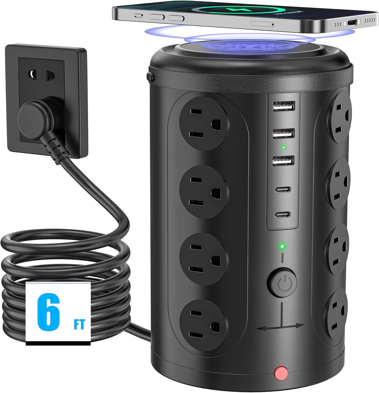 15W Wireless Charging Surge Protector Power Strip with 16 AC Outlets & 5 USB Ports - Desk Charging Station for Home, Office & Dorm Room (10FT)