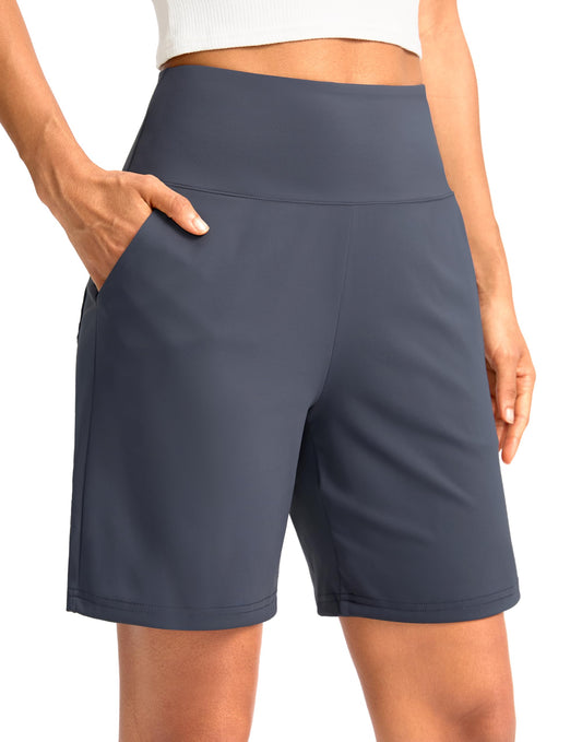 G Gradual Women's Bermuda Long Shorts with Pockets 7" High Waisted Knee Length Shorts for Women Walking Athletic Workout(Dusty Blue-L7,3XL)