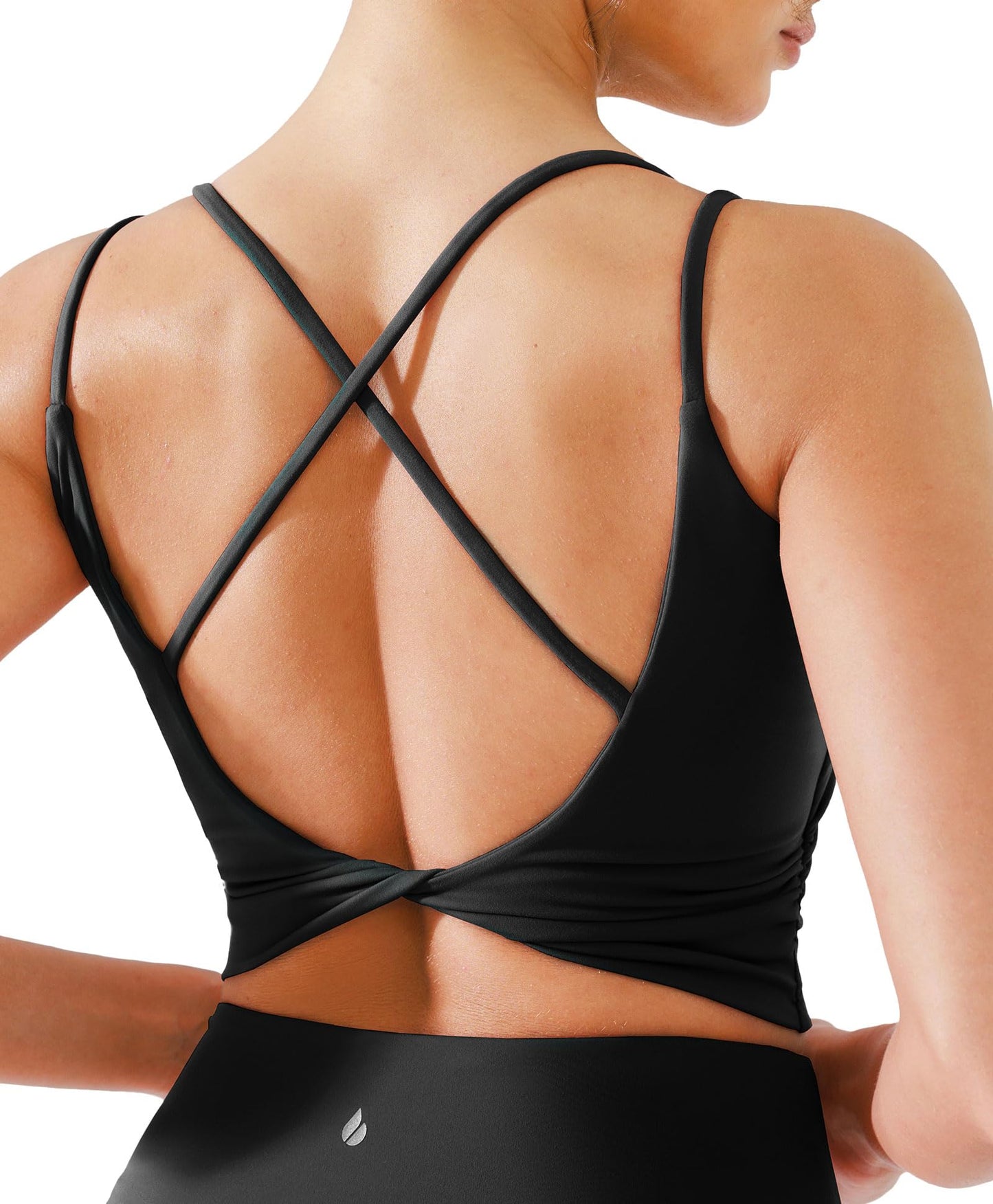 BRXL Womens Twist Back Sports Bra Longline Buttery Soft Low Impact Yoga Bra Removable Pads Scoop Neck Crop Top Black