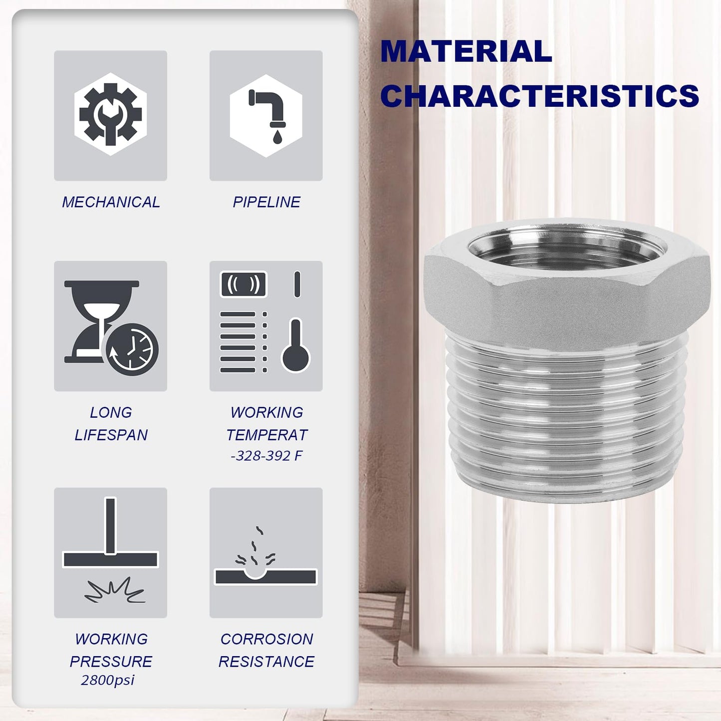 ChillWaves 304 Stainless Steel Pipe Fitting, Reducer Hex Bushing 3/8" NPT Male x 1/4" NPT Female Thread Adapter(6-PACK)