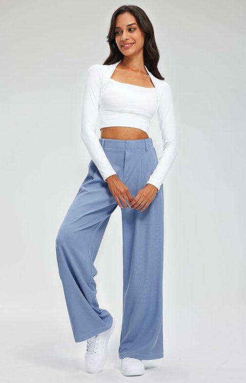 Libin Women's Wide Leg Pants - High Waisted Waffle Knit Casual Trousers with Pockets | Denim Blue, XL
