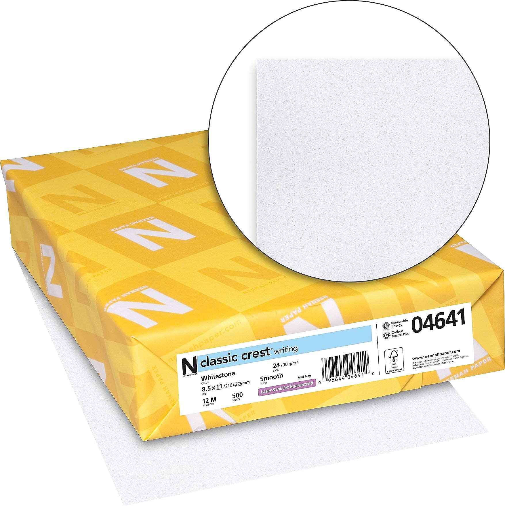 Neenah Paper 04641 CLASSIC CREST Stationery Writing Paper, 24lb, 8 1/2 x 11, Whitestone, 500 Sheets