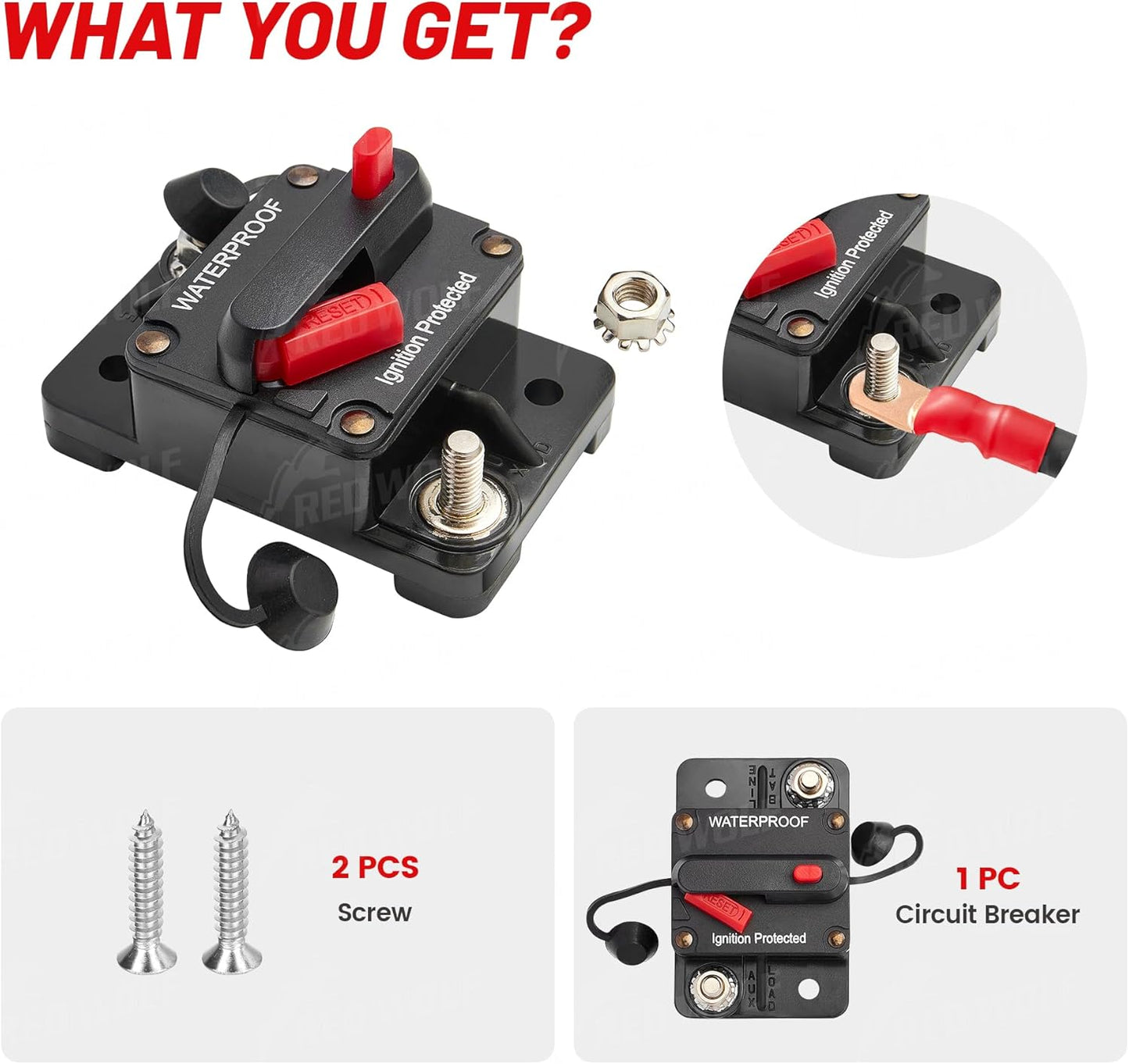 RED WOLF Waterproof 100Amp Circuit Breaker - Manual Reset Switch for Marine & ATV Battery Systems 12V-48V DC
