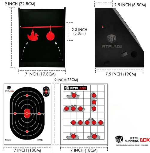 Atflbox BB Gun Target Trap - 7 x 9 Inch with 20 Paper Targets & Spinning Metal Silhouettes | Ideal for Airsoft & Rifle Shooting