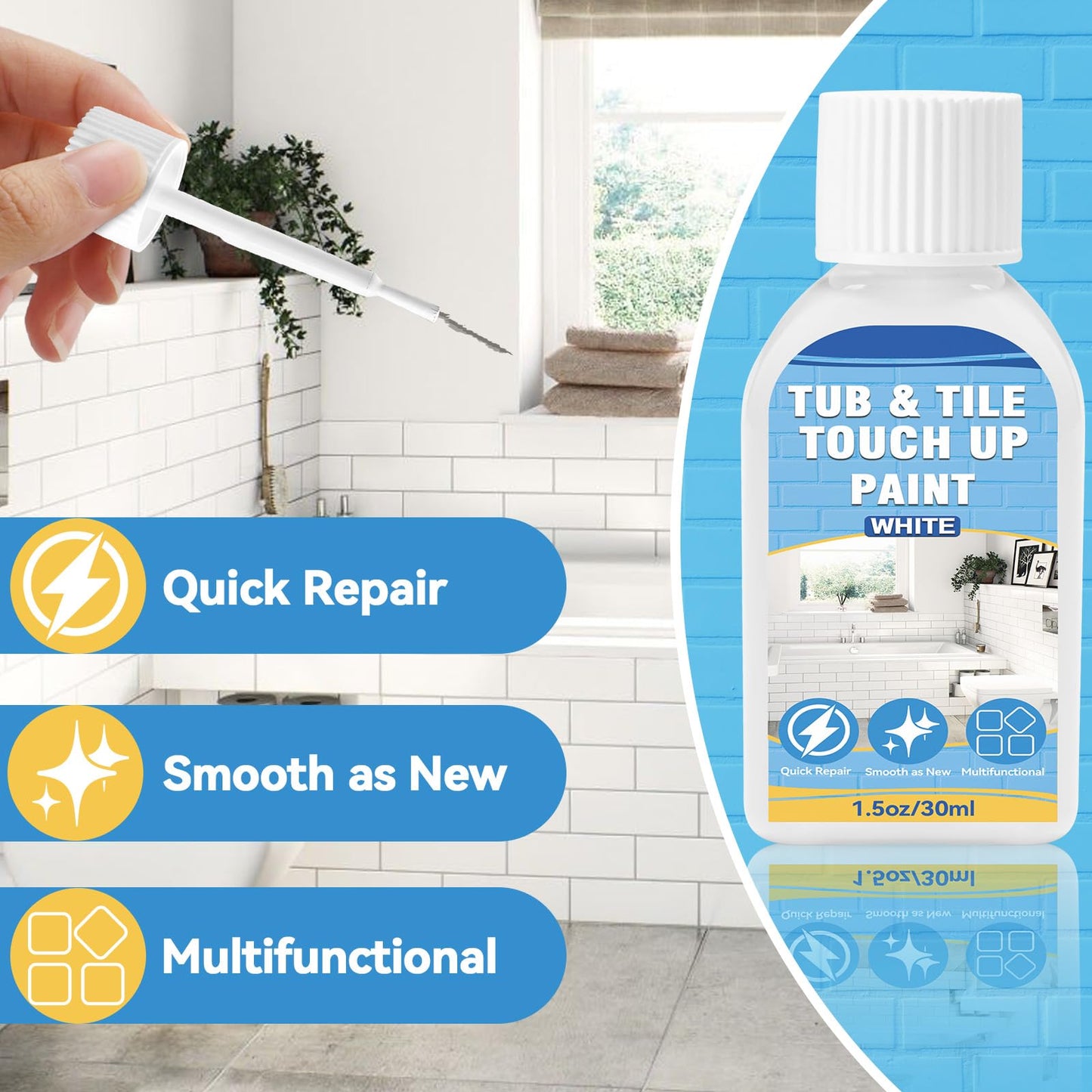 Tub and Tile Paint, White Touch Up Paint Pen for Bathtub, Repairs Countertops, Sinks, and Appliances, Porcelain Paint for Any Scratches Spots on Ceramic, Enamel, 1.5 fl Oz