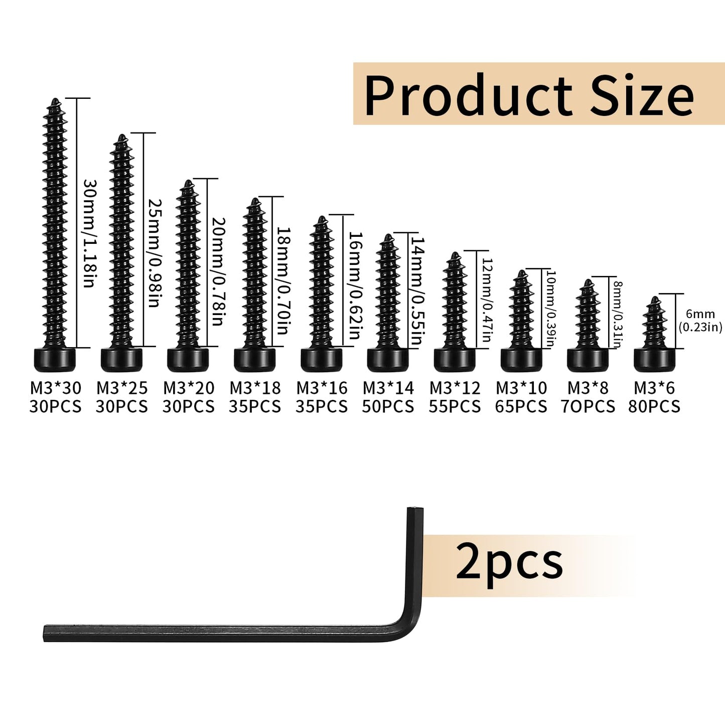 Metric Hex Socket Cap Head Self Tapping Screws, 480pcs M3 Stainless Steel Socket Head Cap Wood Screws Assortment Kit, Hex Drive Head Cap Self Drilling Screws(480 Black)