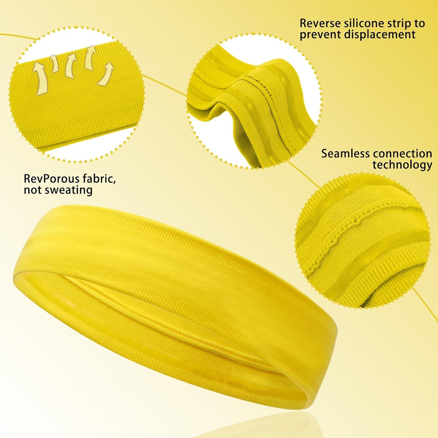 Skiennix 5PCS Yellow Sport Headbands - Non-Slip Silicone Fitness Hairbands for Yoga & Running