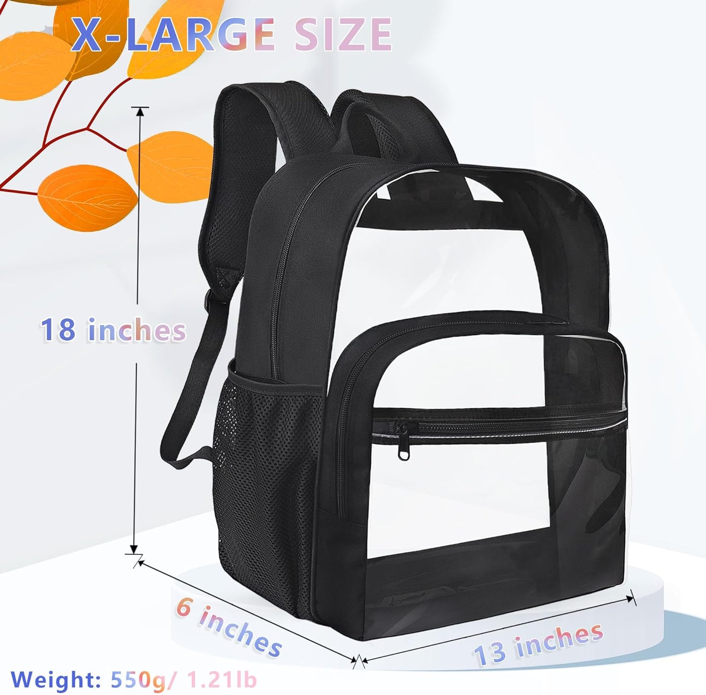 Skiennix Clear Backpack - Heavy Duty Transparent Bookbag | 18-Inch Black PVC School Bag