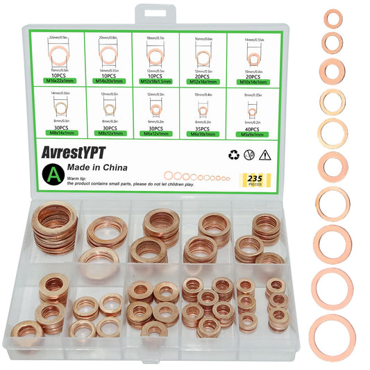 235 Pcs Copper Sealing Crush Metric Washer Assortment Kit Flat Ring Oil Drain Plug Seal Gasket Set Banjo Bolt Washer 10 Sizes M5 M6 M8 M10 M12 M14 M16 for Automotive Motorcycles