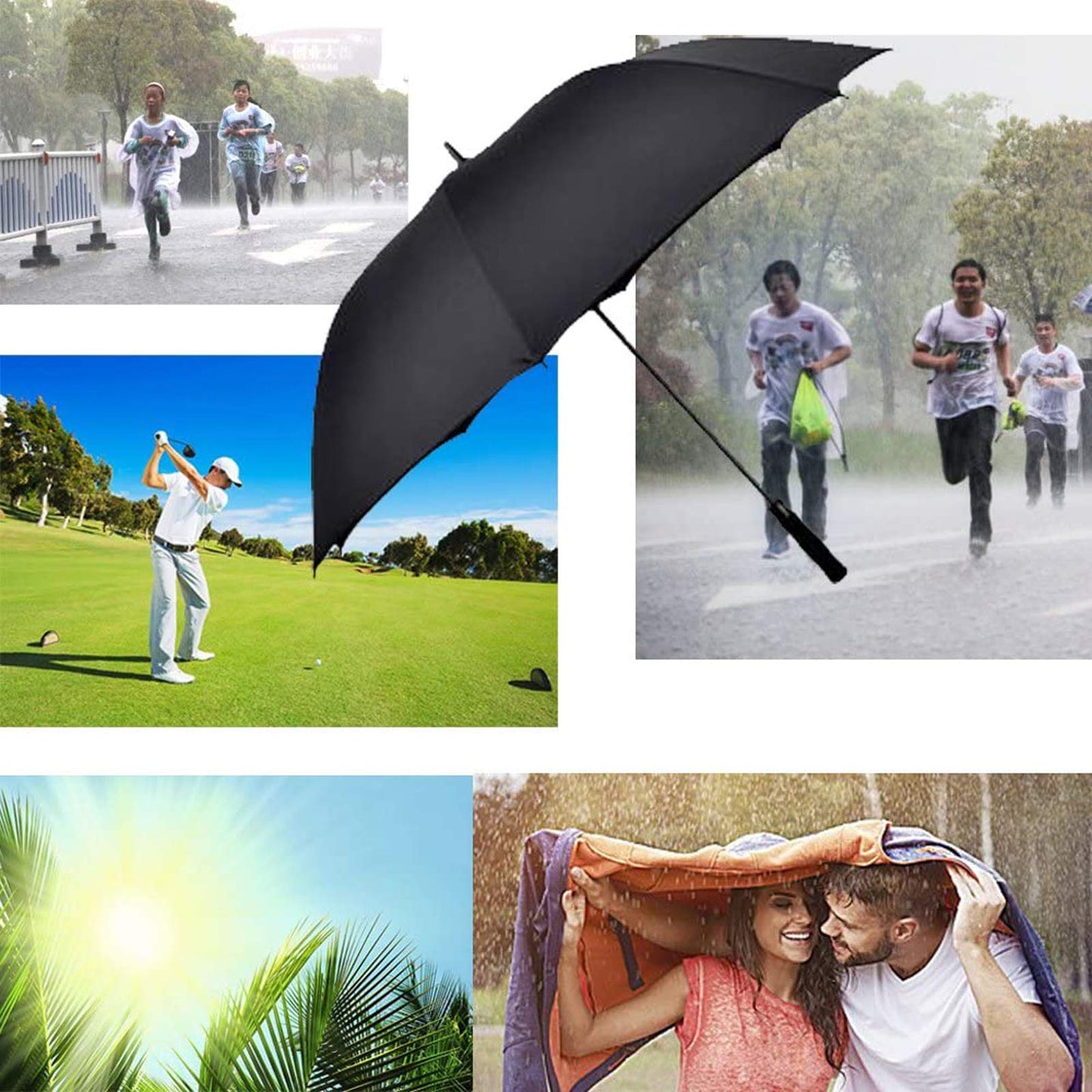 Big Large Umbrella 60 Inch Automatic Open Extra Large Size Strong Windproof Golf Umbrellas Waterproof Sun Rain Stick Foldable Oversized Umbrellas Comfortable Handle for Men Women Family Travel Black