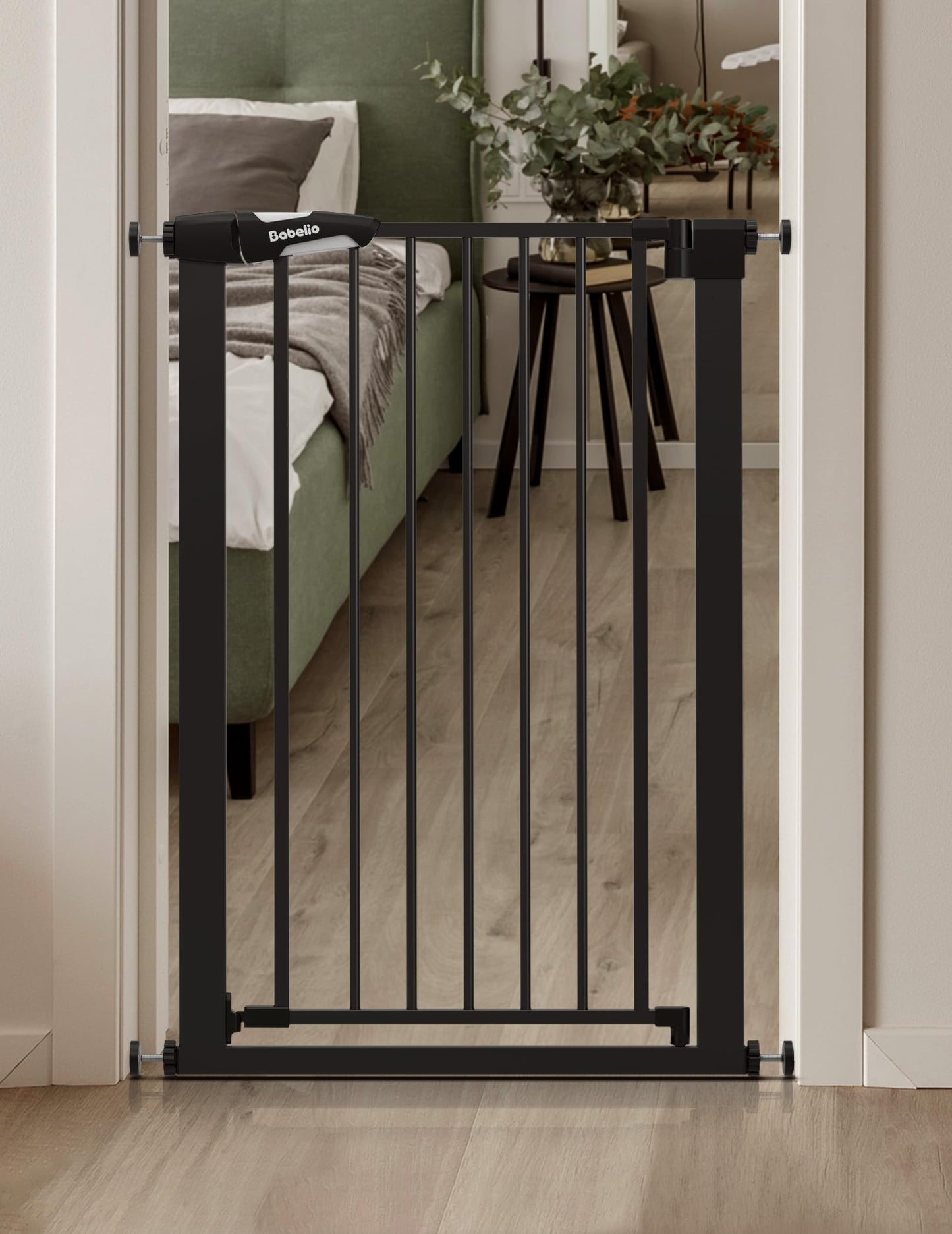 BABELIO 36" Tall Narrow Baby Gate, 26-28.5" Auto-Close Metal Pet Gate for Small Stairs/Doorways/Hallways, NO Drilling Pressure Mounted for Child and Pets, NO Extensions, Black