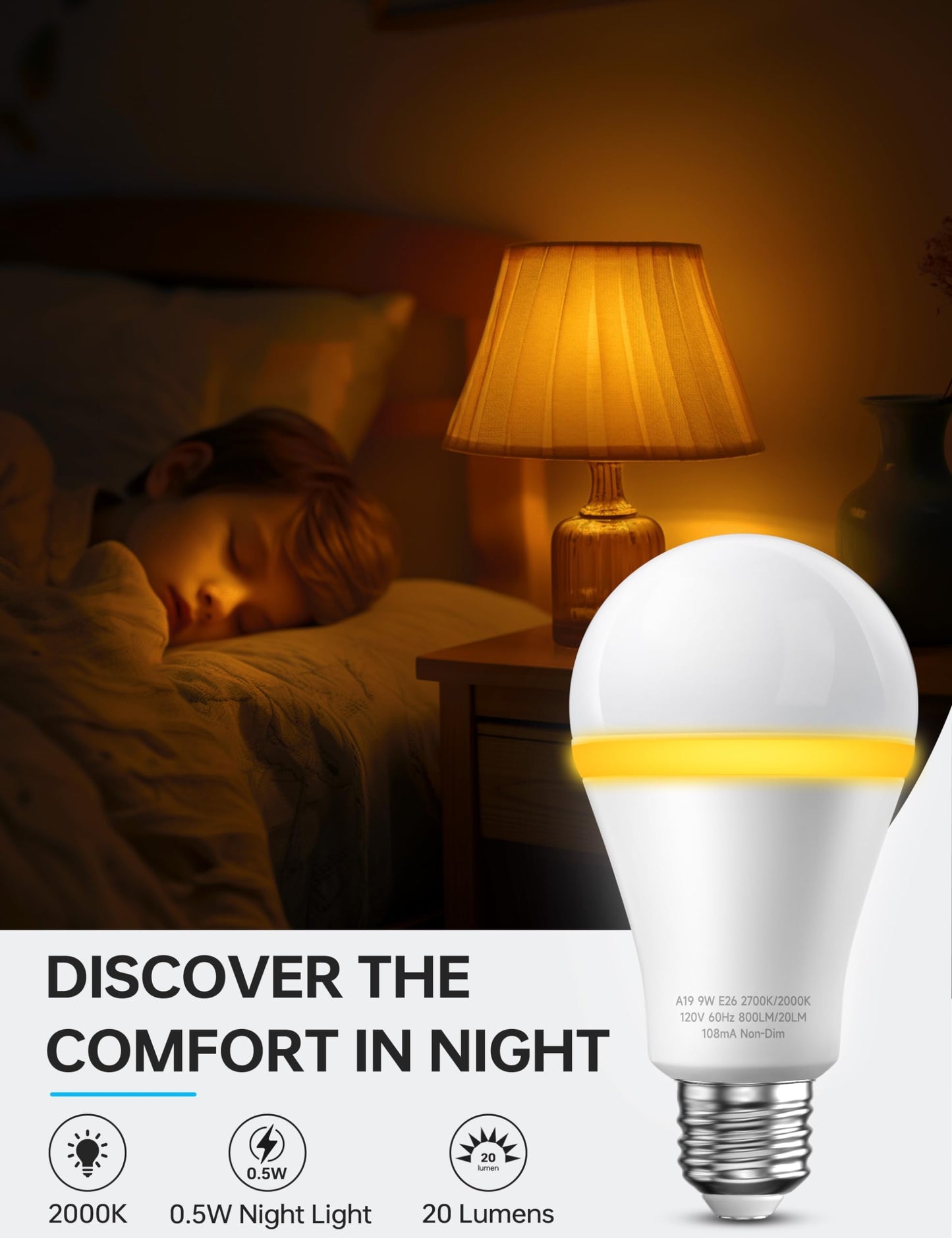 KINDEEP Sleep Night Light Bulbs: E26 Blue Light Blocking Dim Bulbs with 2 Modes, 0.5W Amber Lights with 20lm 2000K, 9W Equivalent 60W, 800lm 2700K, Ideal for Lamp, Bedroom, Sleep & Nursery, 2 Pack