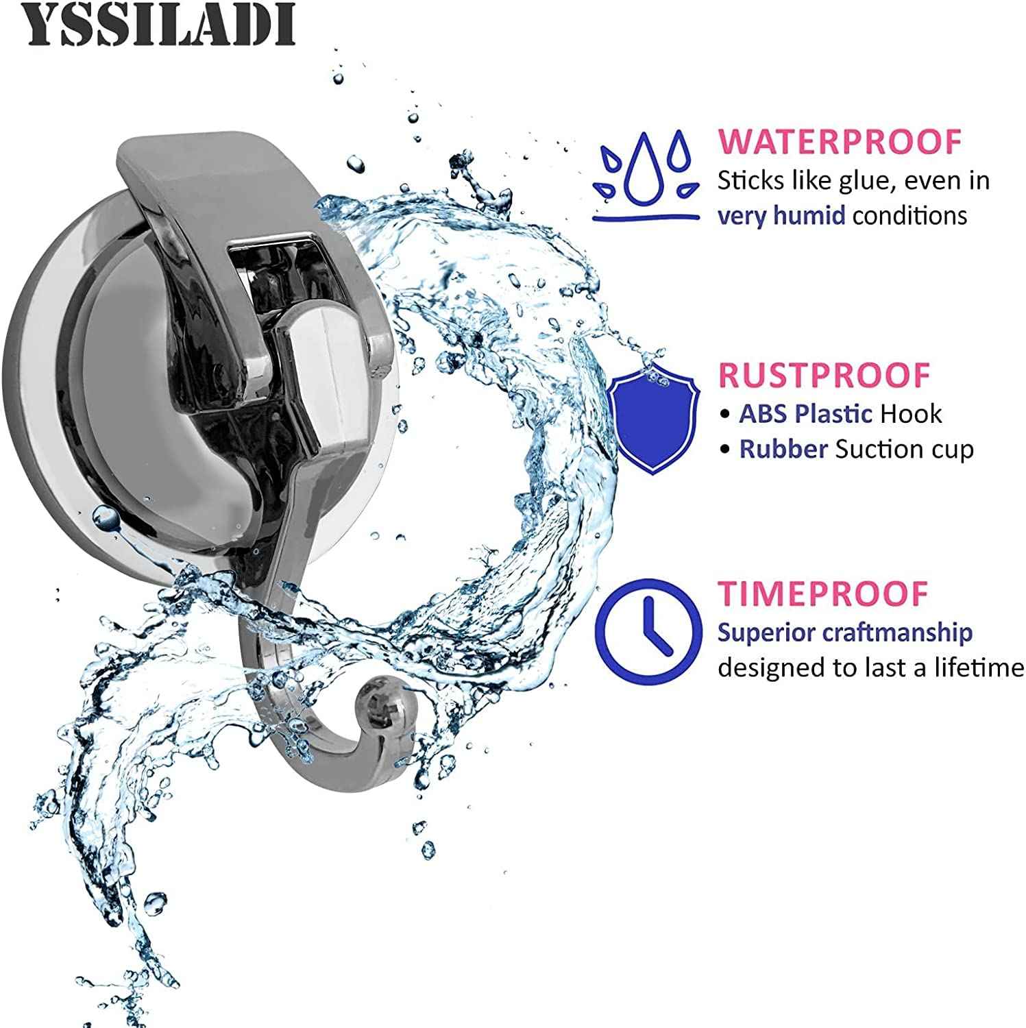 YSSILADI Suction Cup Hooks - Heavy Duty Glass, Reusable, No Hole Punched, for Bathroom Robe & Garland (Silver, 4 Pack)
