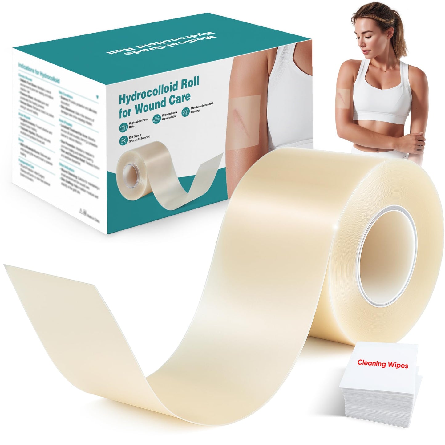 Derm Tape Hydrocolloid Roll - Acne & Pimple Patch Tape, Flexible Bandages Roll for Wound Care and Skin Protection, Cut-to-Size Hydrocolloid Tape for Daily Use (2in x 16ft)