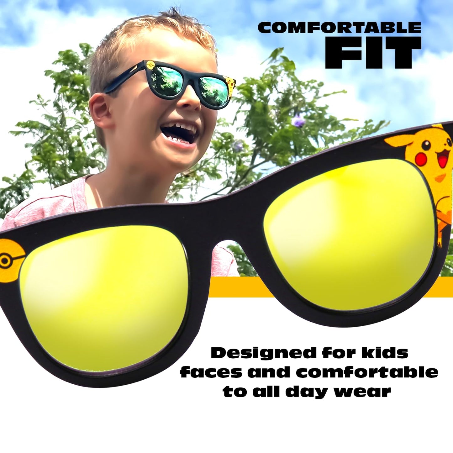 ARKAID Pokémon Pikachu Black Frame Sunglasses - Stylish, Comfortable & Durable UV-Protection Pokémon Black Sunglasses with Soft Carrying Case - Officially Licensed