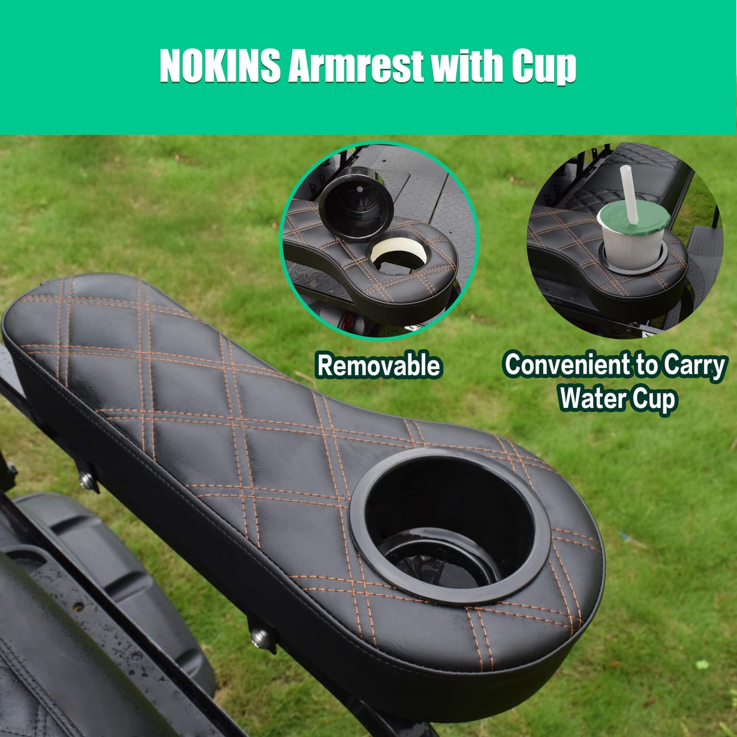 NOKINS Golf Cart Armrest with Cup Holder for EZGO/Club Car/Yamaha & Most Golf Cart,Stainless Steel Support Frame Sturdy Without Tilting No Drilling,Fit 1" Square Tube Frame (Diamond Black)