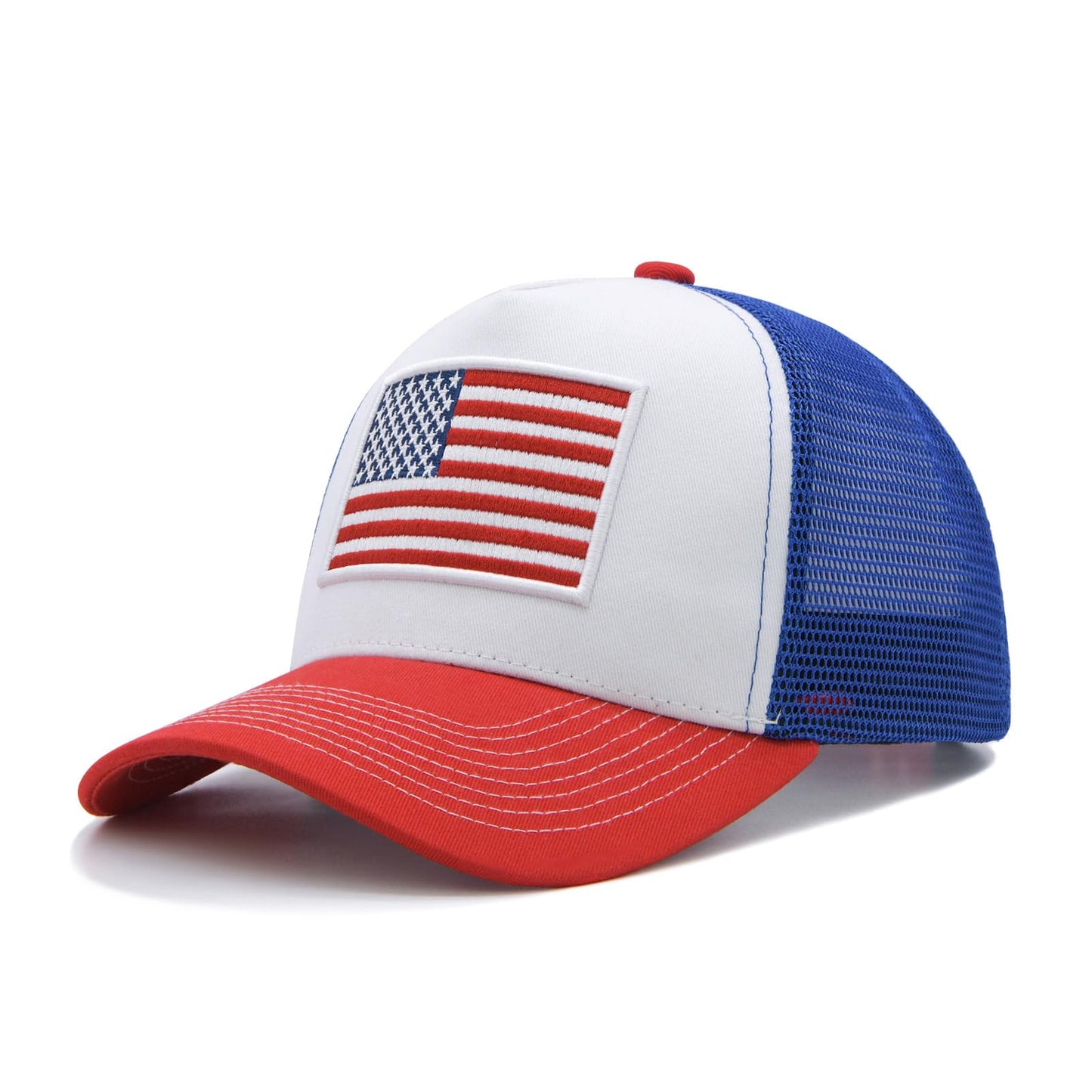 Wodeal American Flag Trucker Hat, 4th of July Hats, Adjustable Snapback Mesh USA Flag Baseball Cap, for Men Women Red