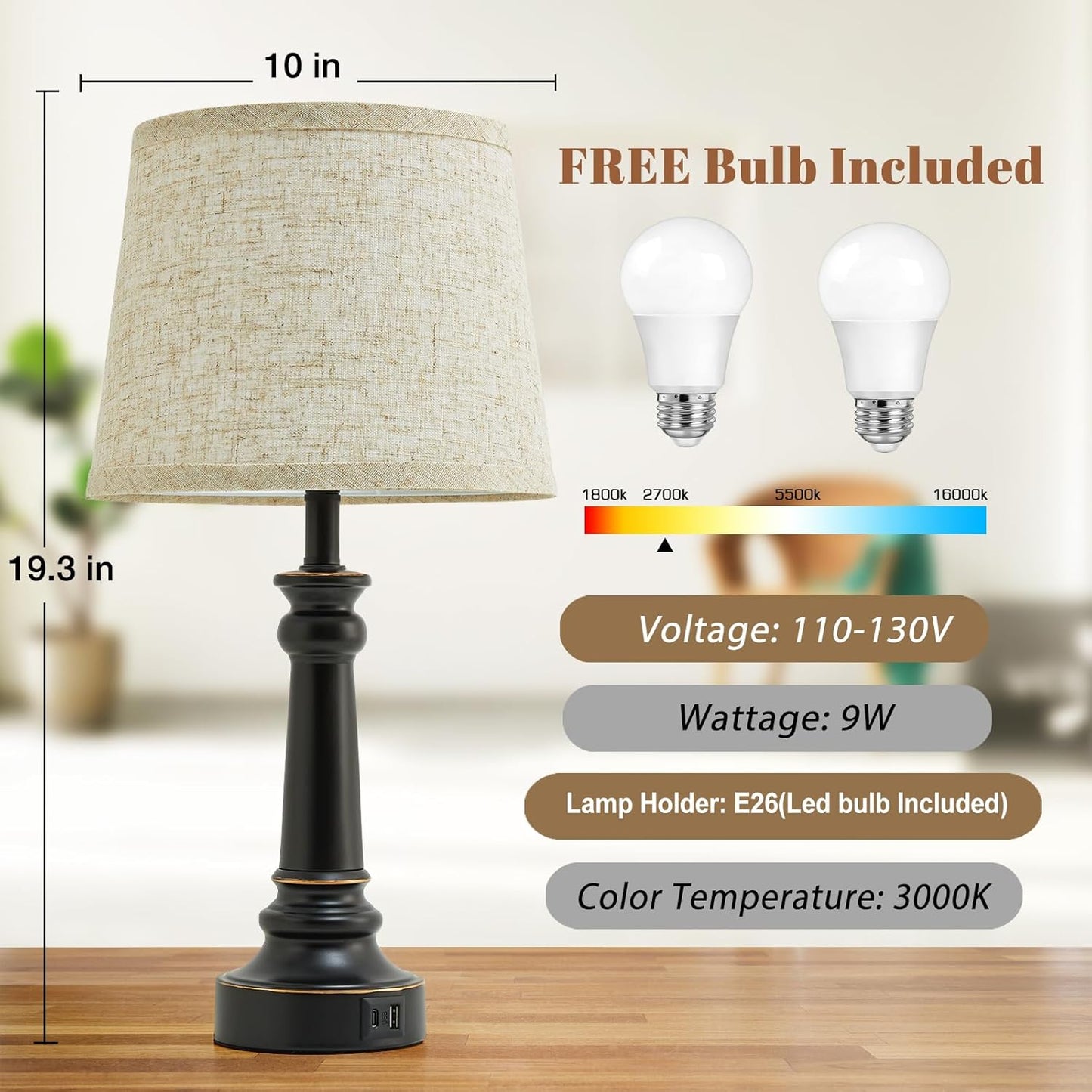 Touch Bedside Table Lamps Set of 2 with USB C+A Ports - 3-Way Dimmable Linen Shade