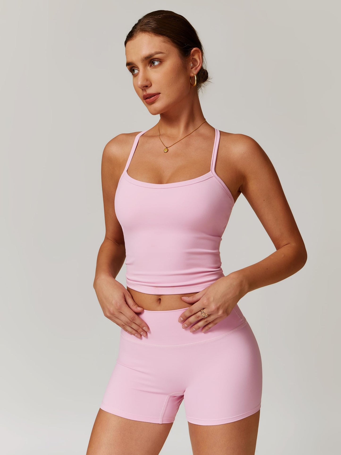 ABOCIW Workout Sets for Women Padded Sports Bra Tank Tops High Waist Booty Shorts Gym Yoga Active Wear Outfits Power Pink Medium