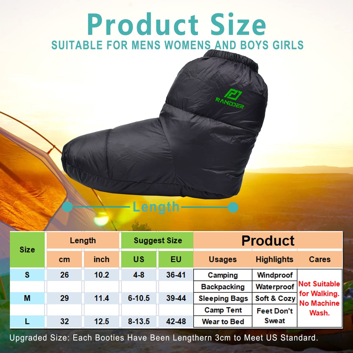 RANDDER Down Booties Warm Socks for Men & Women - Ultralight Sleeping Sock for Camp, Backpacking - Soft & Cozy Camping Sleeping Bag Tent Down Slippers Foot Warmer (Black, Small)