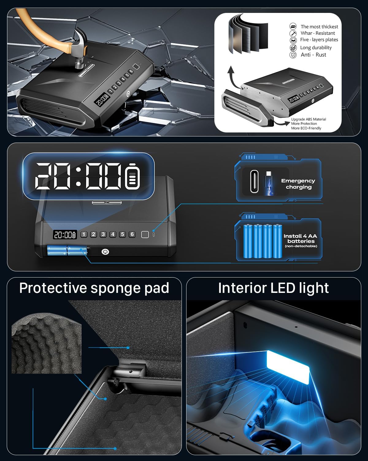 TOPMEDA Large Biometric Gun Safe - Fits 4 Pistols with Fingerprint Access, Internal Light & Silent Mode