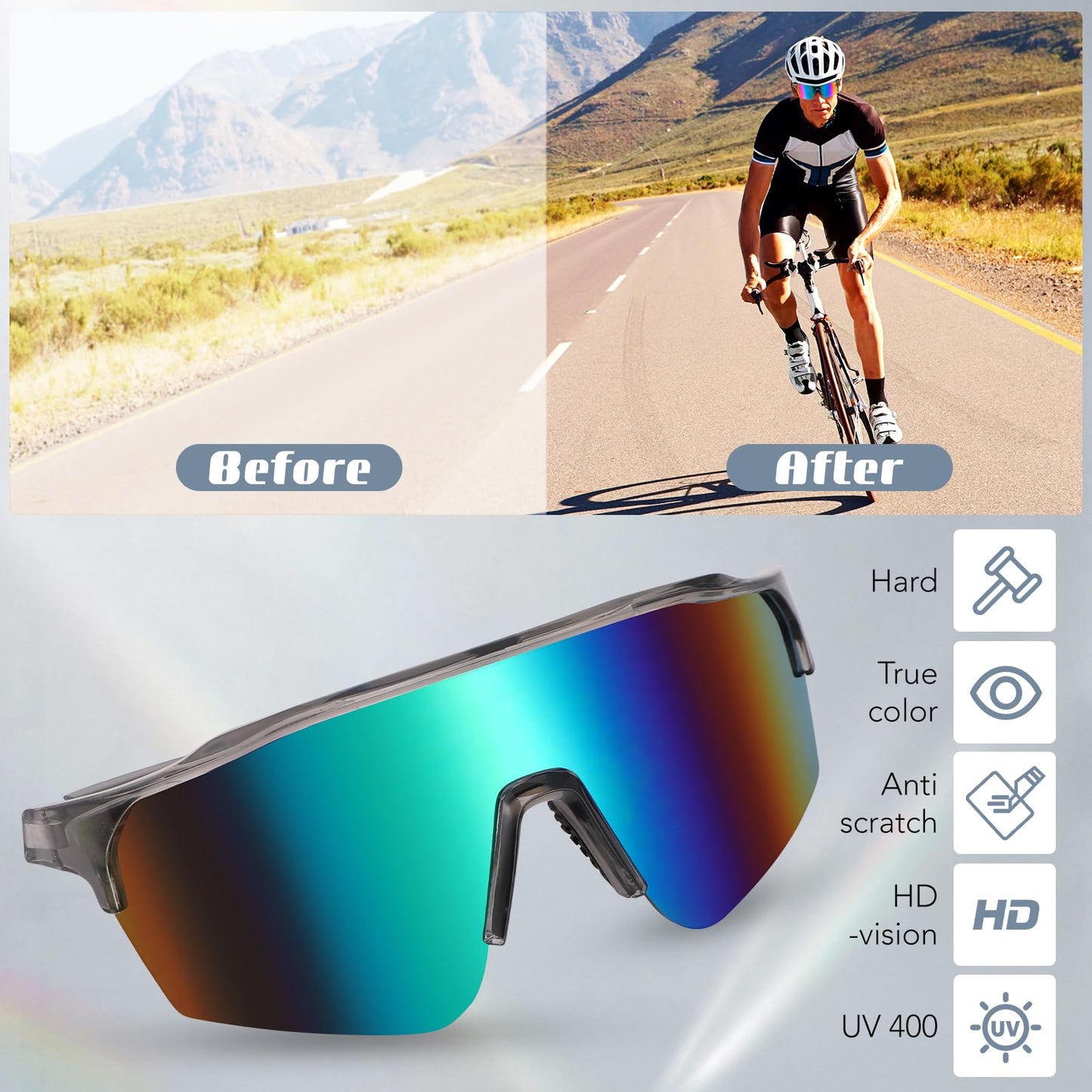 JATEBI 3 Pack Baseball Sunglasses for Men - UV400 Protection Mens Sunglasses Lightweight Wrap Around Sun Glasses for Running, Cycling, Sports, Fishing