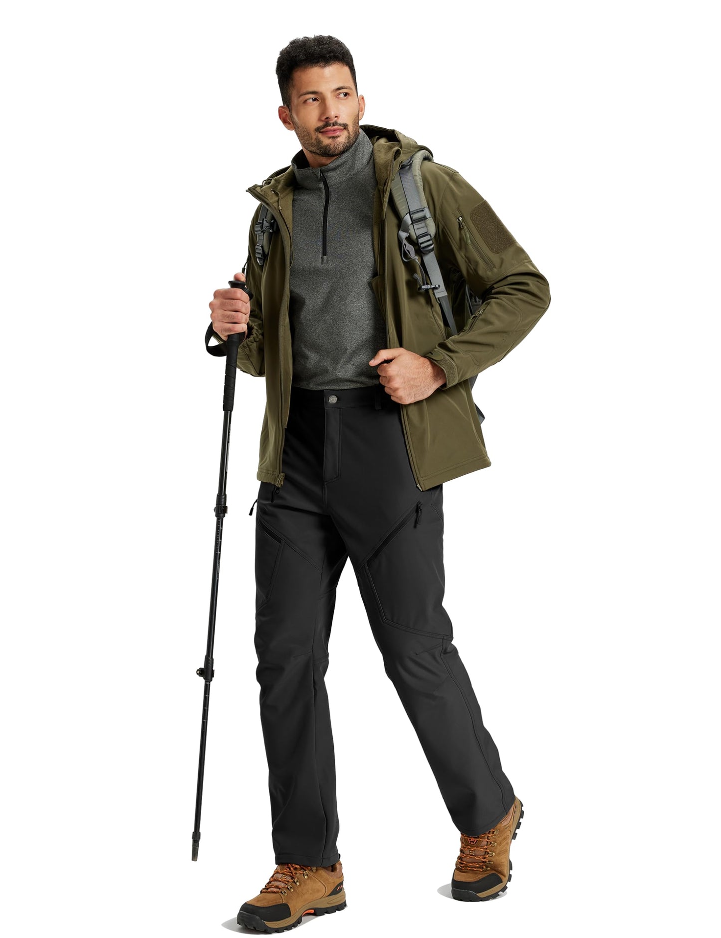 TACVASEN Men's Fleece Lined Hiking Pants Winter Insulated Waterproof Snow Ski Pants Cold Weather Black Cargo Work Trousers with Zipper Pockets