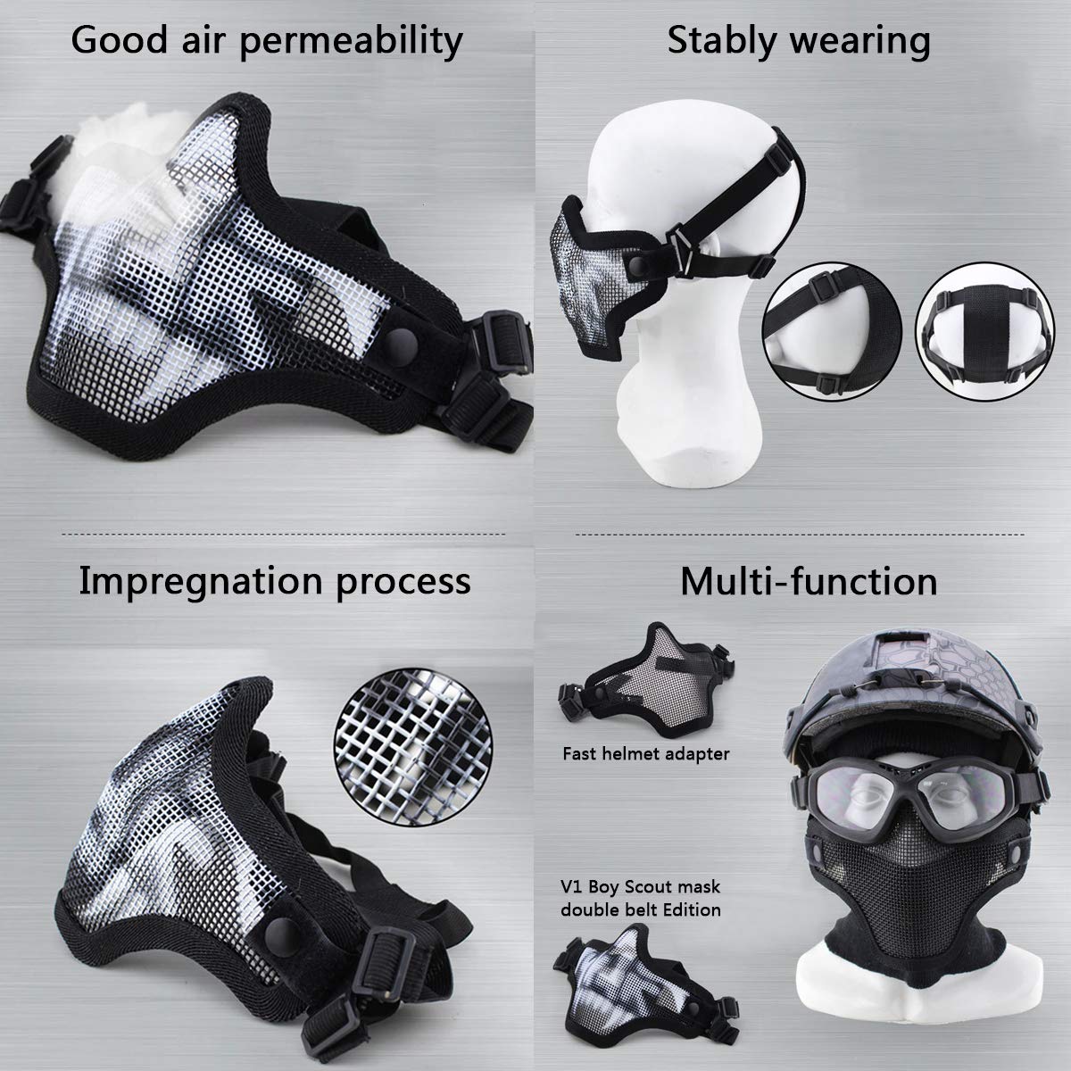 Aoutacc Airsoft Half Face Mask Steel Mesh and Goggles Set, Tactical Masks Protection Gear for Paintball BBS CS Nerf Game Cosplay Halloween Costume Accessories (Black)