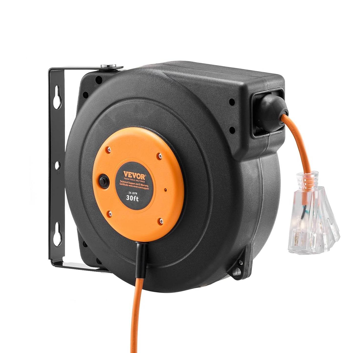 30 FT Retractable Extension Cord Reel - Heavy Duty 16AWG with Lighted Triple Tap Outlet & Circuit Breaker for Garage/Shop