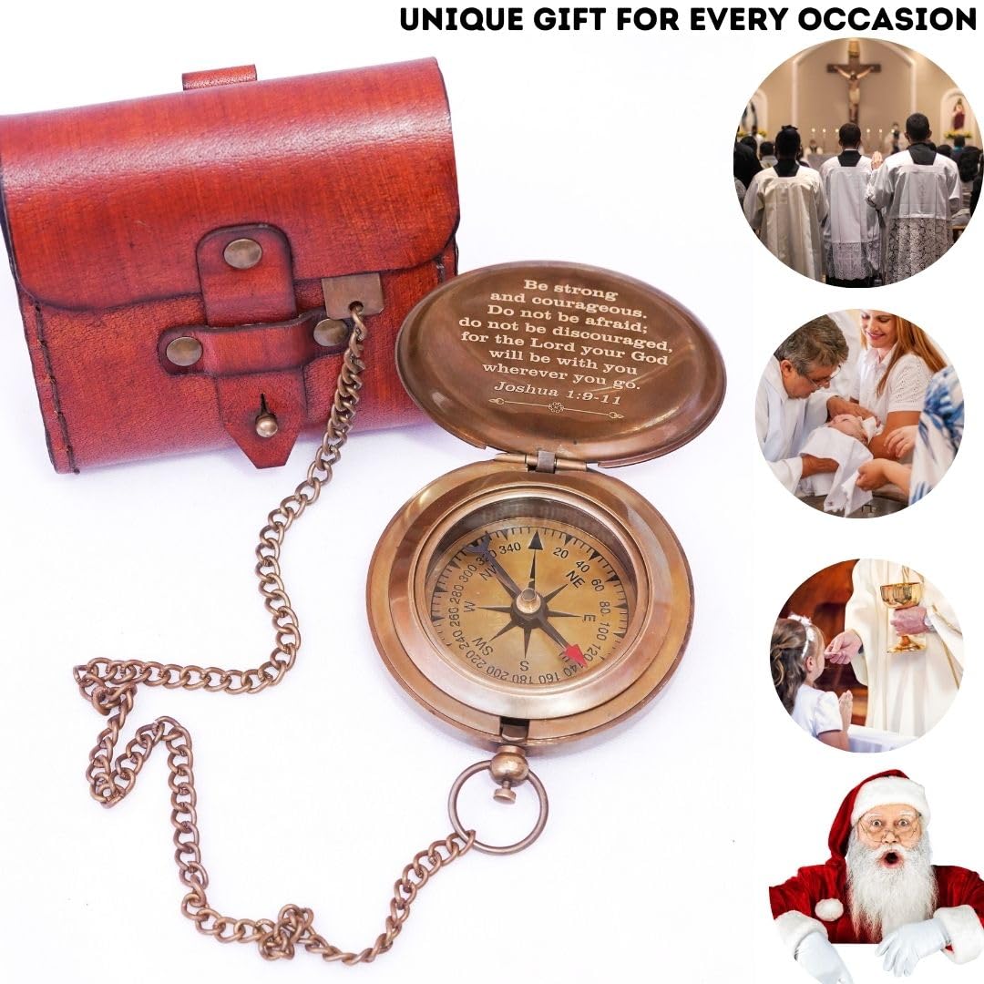 Religious Christian Gift Compass (Joshua 1:9) - Brass Compass with Leather Case - Engraved Personalized Compass - Baptism Gifts for Boys Girls - Confirmation Gift for Men