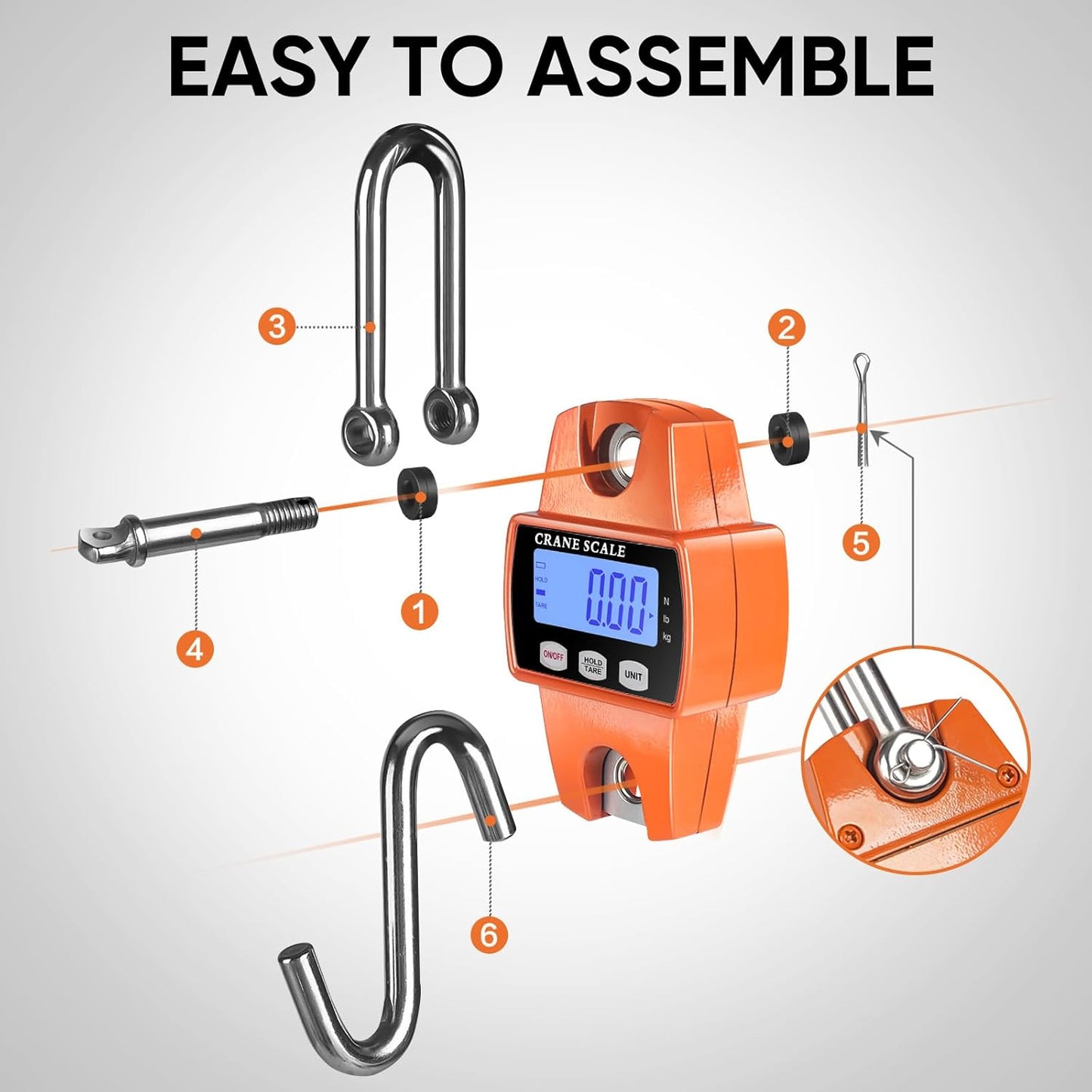 RoMech 660lb Digital Hanging Scale - Durable Cast Aluminum Case, Mini Crane Scale for Outdoor Use (Orange)
