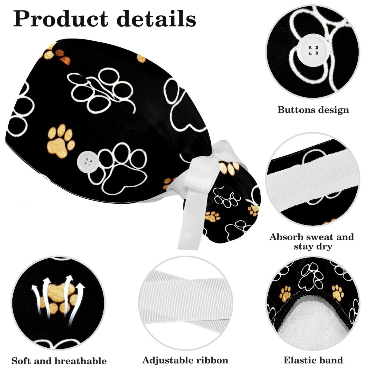 CHENZZZZ Dog Footprints Working Cap with Scrunchy and Ribbon Tie for Women, Long Hair