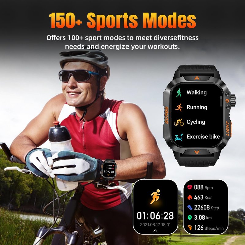 QTLLBT Men's Military Smart Watch HD Compass Altimeter Barometer Fitness Tracker Sports Watch Pedometer Mountaineering Watch Sleep Monitoring Function Men's and Women's Watches