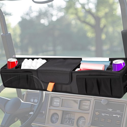 Golf Cart Front Storage Basket, No-Drilling Golf Cart Storage Tray with Insulated Cup Holders, Club Cart Organizer with EZGO, Club Car, Kandi Golf Carts