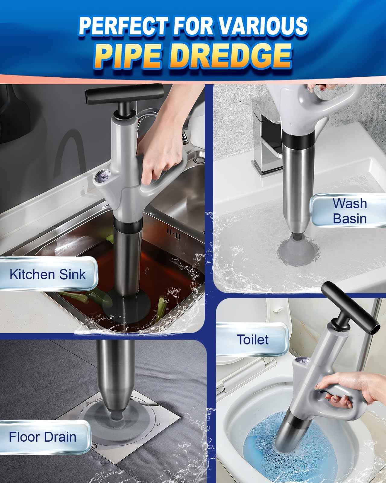 Stainless Steel Toilet Plunger, Air Drain Blaster, Drain Clog Remover Tool, High Pressure Drain Blaster Gun with Visual Barometer, Suitable for Sink, Bathroom, Kitchen, Toilet, Shower, Clogged Pipe