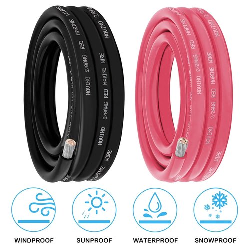 **Tinned Copper 2/0 Gauge Marine Wire - 10FT Red & 10FT Black | Heavy-Duty Boat Cable for Automotive & RV Use**