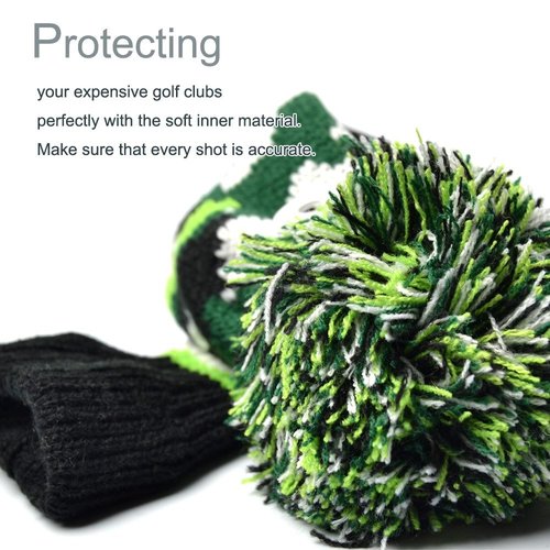 GOOACTION 3PCS Knitted Golf Head Covers 1-3-5 for Driver and Fairway Woods with Long Neck Design Camouflage Army Green Sock Pom Pom Camo Vintage Golf Club Head Covers Set