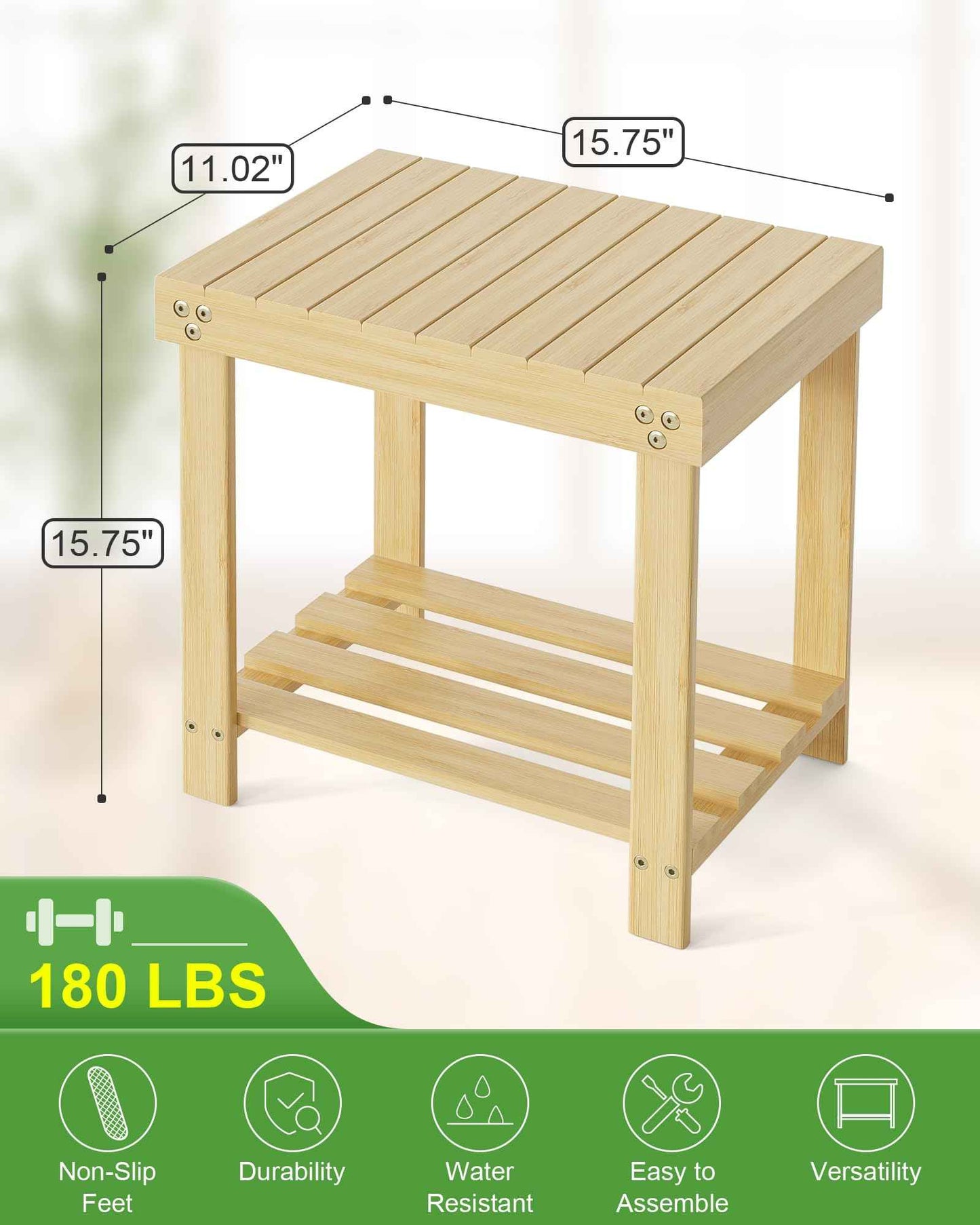 Bamneat Small Bamboo Bathroom Shower Bench with Storage Shelf, Durable Shower Stool for Shaving Legs, Indoor and Outdoor Use, Natural