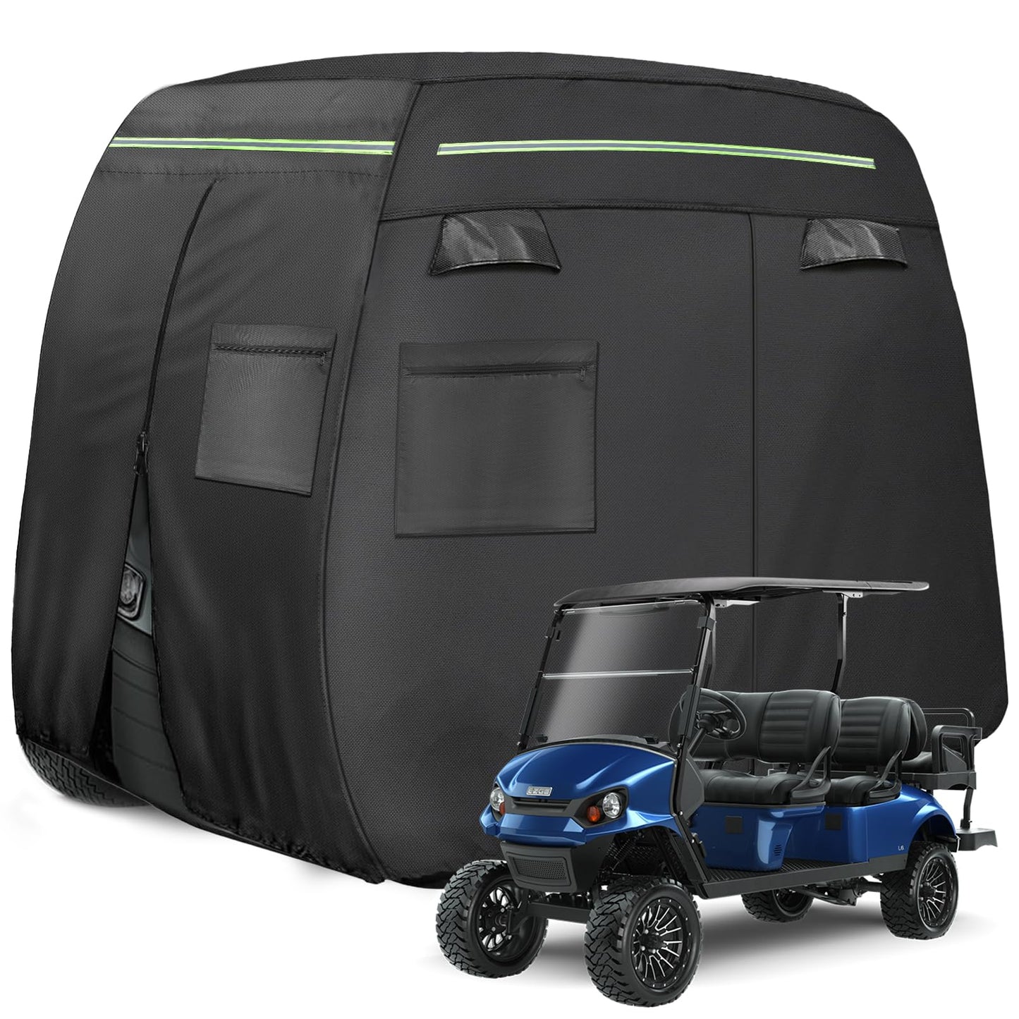 Xoxocos Golf Cart Covers 6 Passenger, Heavy Duty 600D Waterproof Golf Cart Seat Cover EZGO, Club Car, Yamaha, Outdoor 6 Seater with Reflective Strips, Zippered Pockets, Zipper Doors