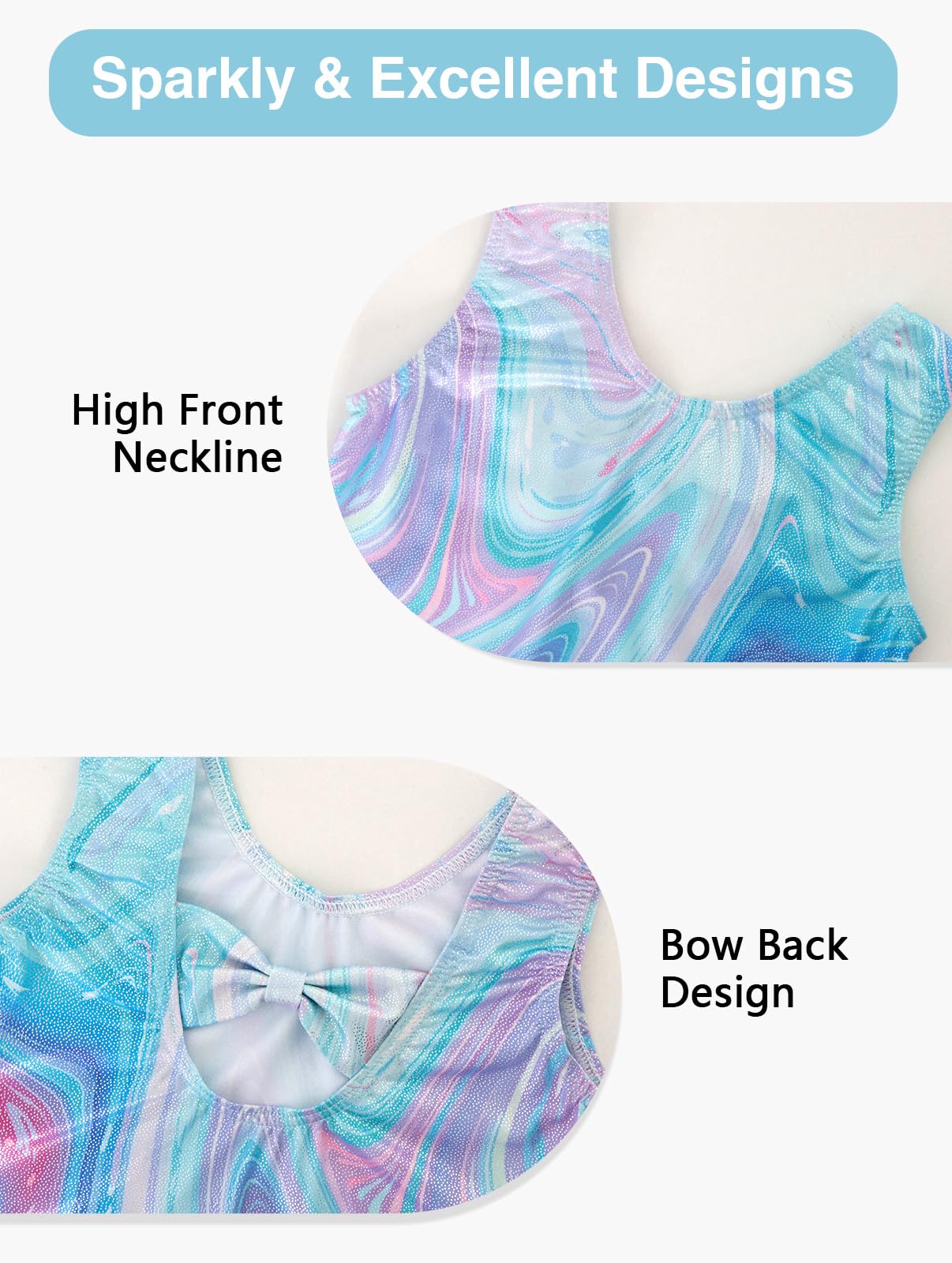 HOZIY Gymnastics Leotards for Girls Marble Blue Sleeveless Sparkle Unitard Tumbling Outfits with Shorts Scrunchie 3 Piece Activewear Sports Size 6-7