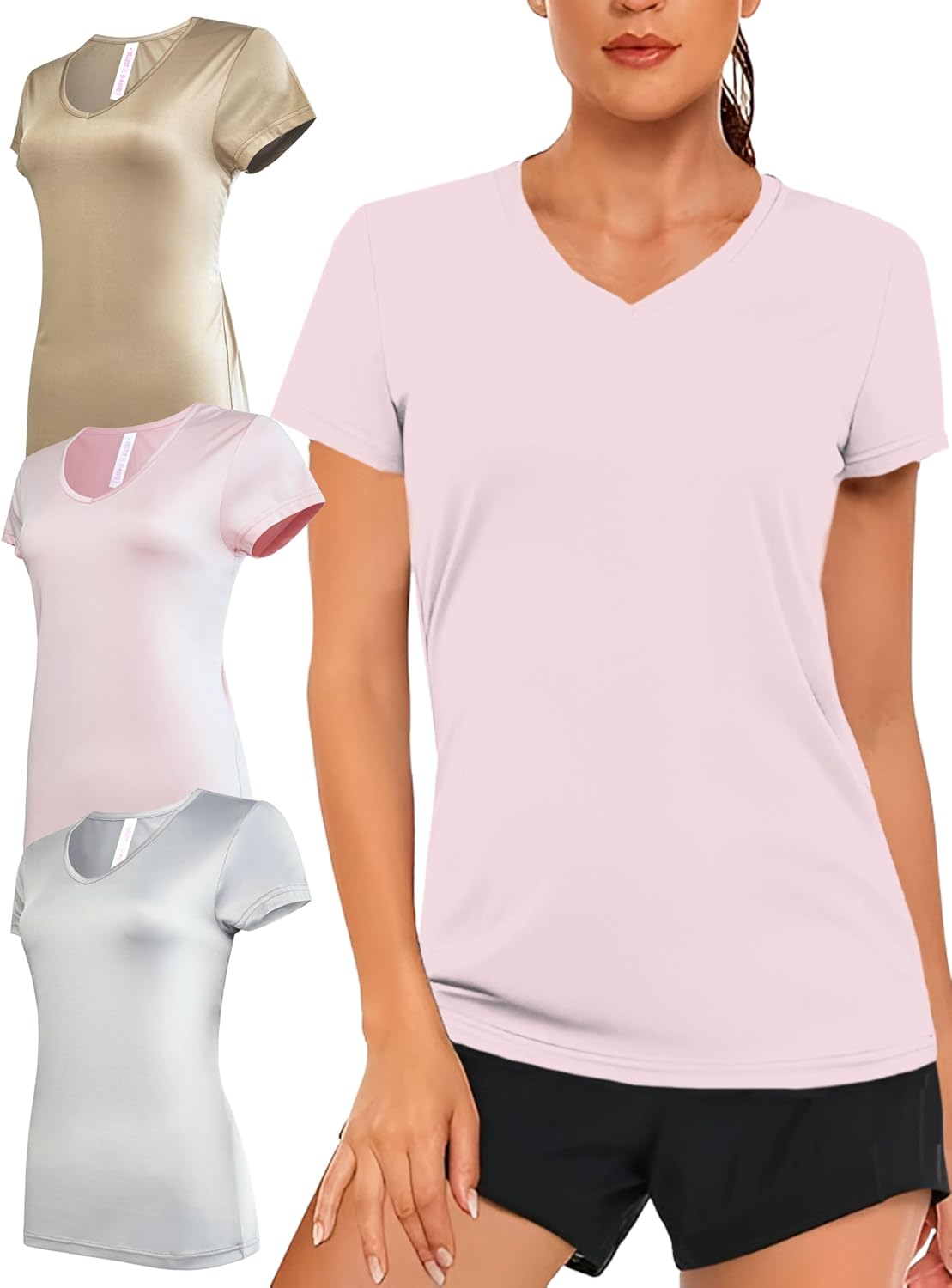 Skiennix Women's V-Neck Activewear T-Shirts - 3 Pack Athletic Workout Tops for Gym & Yoga