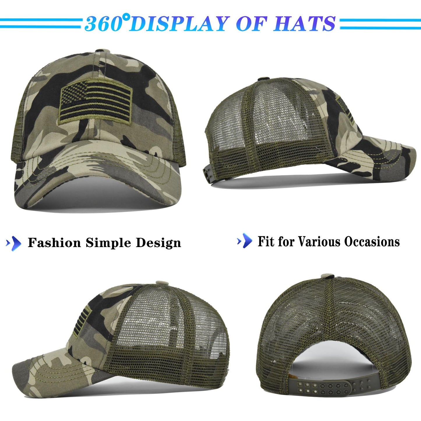 Camouflage Baseball Cap Camo American Flag Trucker Hat for Men Women Mesh Camo Hat USA Flag Camouflage Hats for Men Embroidered Distressed Cowboy Baseball Dad 4th July Hunting Accessories