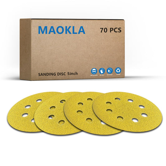 MAOKLA 60 Grit 5 Inch Sanding Discs, 8 Hole, Hook and Loop, Sandpaper for Orbital Sander, Wood, Metal, Auto（70 PCS）