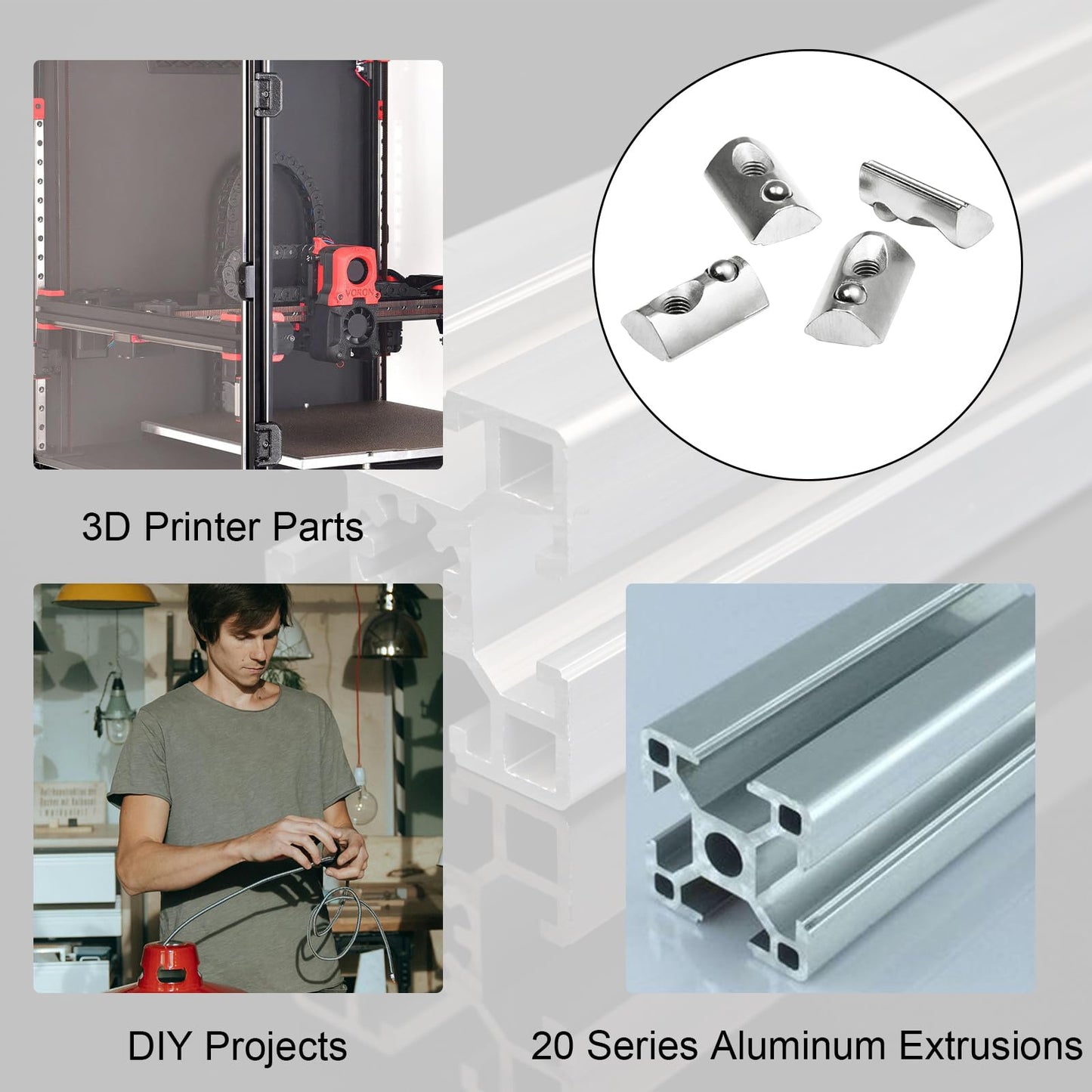 M3 Roll in Spring Loaded T Nut 100pcs M3x0.5mm T-Nuts Carbon Steel Nickel Plated for 20x20 20 Series Aluminum Extrusions 3D Printer Replacement Tiny Nuts